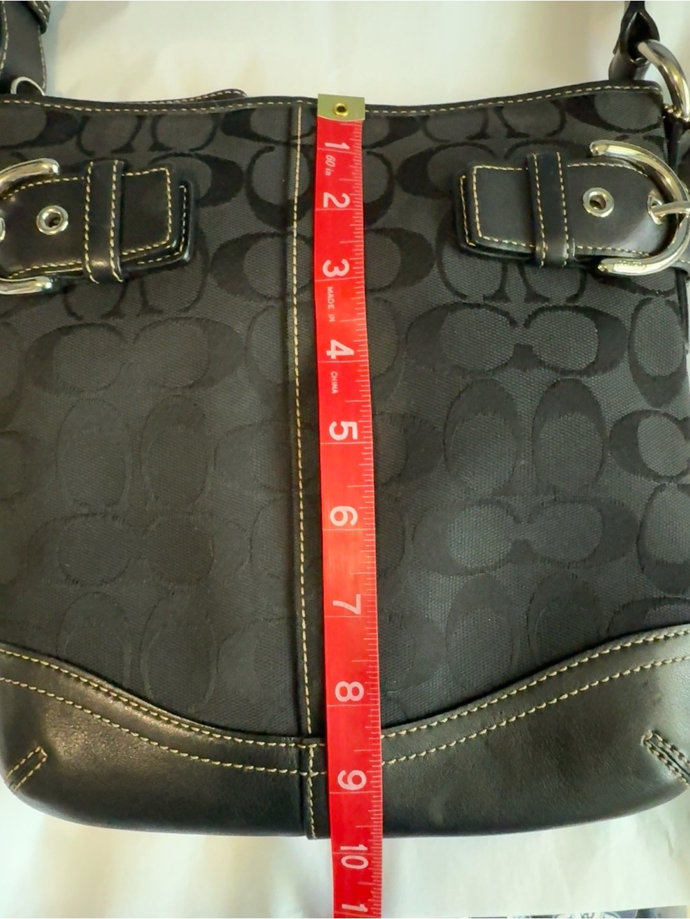 Coach Signature Jacquard Black Hobo Shoulder Bag Leather Trim Buckle Purse - Picture 11 of 11